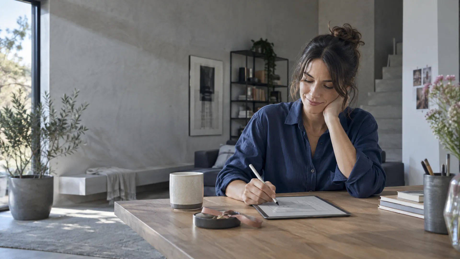 Person schreibt mit einem Stift auf einem E-Ink-Tablet am Schreibtisch